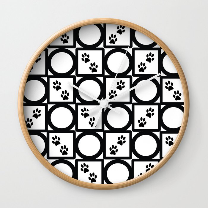 Black and White Geometric Paw Pattern Wall Clock