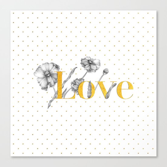 Love - Gold flowers and polkadots on white Canvas Print