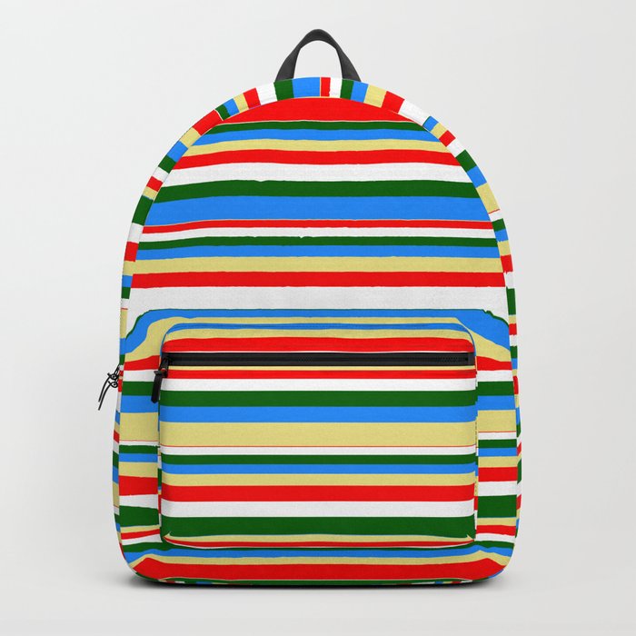 Colorful Blue, Tan, Red, White, and Dark Green Colored Striped/Lined Pattern Backpack