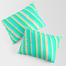 [ Thumbnail: Aqua, Tan, and Green Colored Striped/Lined Pattern Pillow Sham ]