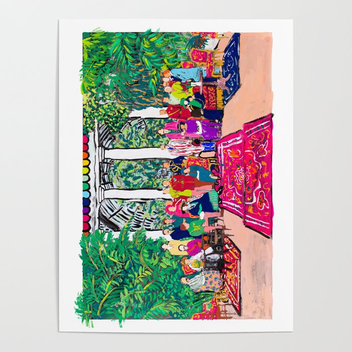This is not a Party: Brightly colored painting of a group of people in a gigantic greenhouse with rugs and rainbow clothing Poster