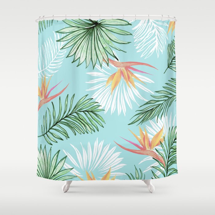 Tropic Palm, Bird of Paradise Pastel Colorful Botanical Illustration, Tropical Bohemian Jungle Shower Curtain