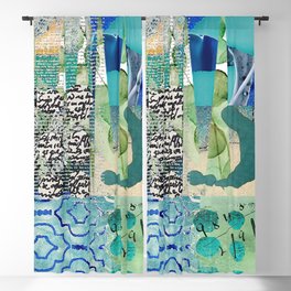 Teal Twist Abstract Collage, Teal Cobalt Turquoise Black and White Blackout Curtain