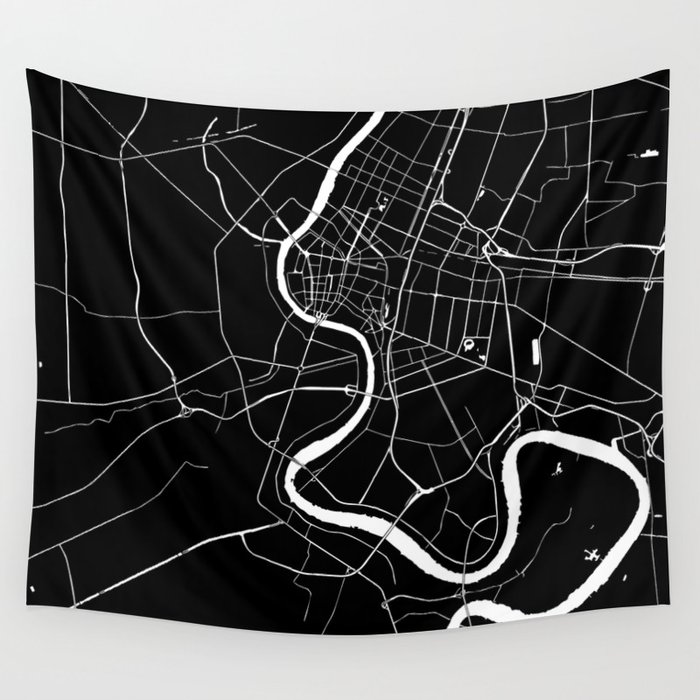Bangkok Thailand Minimal Street Map - Midnight Black and White Wall Tapestry