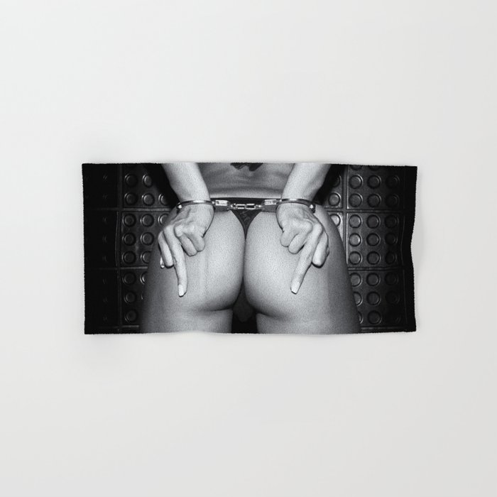 Erotic BDSM / Bondage Art with Model w/ Perfect Ass in Thong Handcuffed w/  Fuck You Fingers in Black & White Hand & Bath Towel by NSPART Erotic Art  Erotic Photography Fin