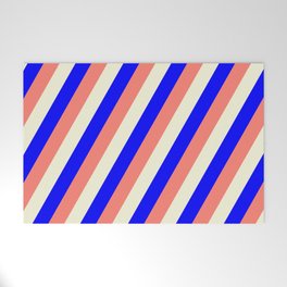 [ Thumbnail: Blue, Salmon & Beige Colored Stripes/Lines Pattern Welcome Mat ]