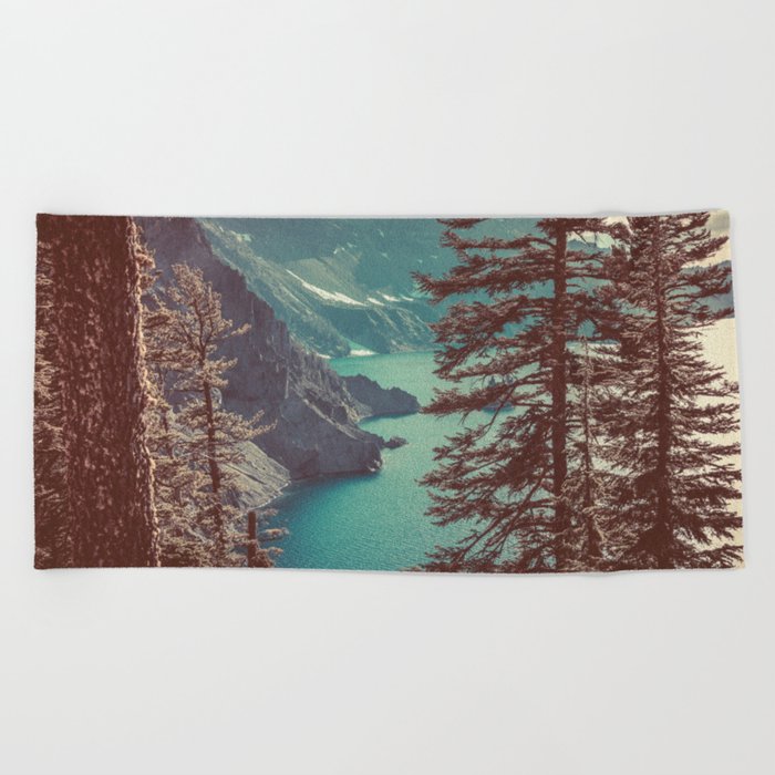 Vintage Blue Crater Lake and Trees - Nature Photography Beach Towel