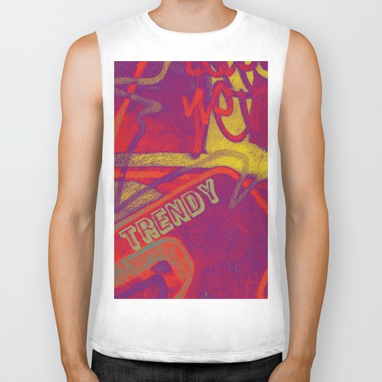 Cool TRENDY script graffiti style print in bold mauve purple, orange tangerine, yellow, teal and red Biker Tank