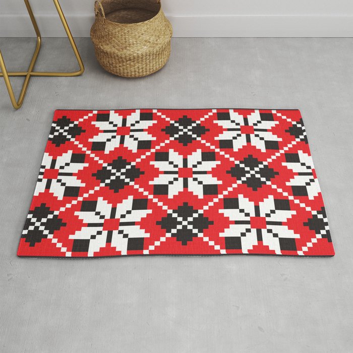 Slavik Red Black And White Floral Cross Stitch Design Pattern Rug By Theartdeal Society6