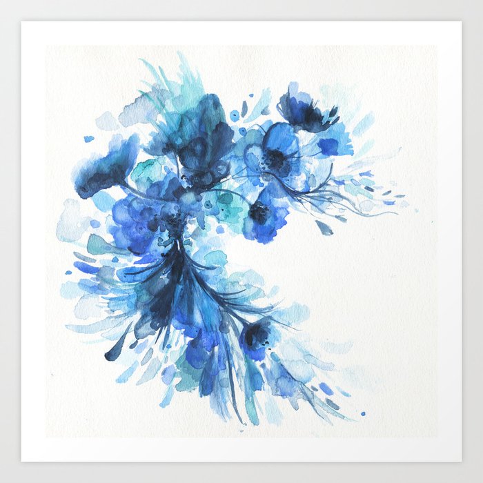 Blue Watercolor Floral Art Print By Jen Merli | Society6