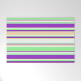 [ Thumbnail: Dark Orchid, Tan, Mint Cream, and Green Colored Stripes Pattern Welcome Mat ]