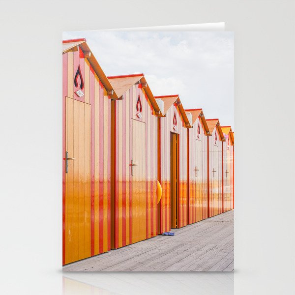 Sorrento Stripes | Red And Orange Beach Changing Rooms Art Print | Amalfi Coast Italy Travel Photography Stationery Cards