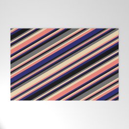 [ Thumbnail: Vibrant Black, Dim Gray, Tan, Salmon & Midnight Blue Colored Stripes Pattern Welcome Mat ]