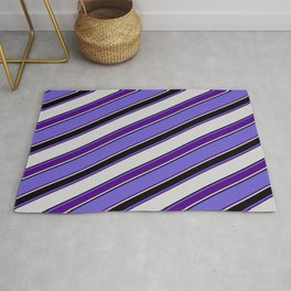 [ Thumbnail: Slate Blue, Indigo, Light Grey, and Black Colored Lined Pattern Rug ]