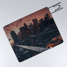 New York City Manhattan Skyline and Brooklyn Bridge with a yellow taxi at sunset Picnic Blanket
