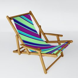 [ Thumbnail: Green, Dark Turquoise, Purple, and Dark Blue Colored Striped Pattern Sling Chair ]