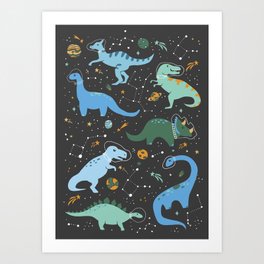 Dinosaurs in Space in Blue Art Print