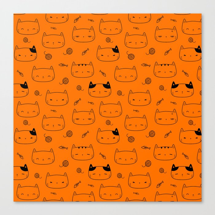 Orange and Black Doodle Kitten Faces Pattern Canvas Print