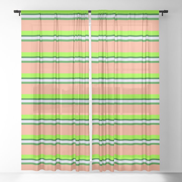 Colorful Lavender, Forest Green, Light Salmon, Chartreuse, and Dark Green Colored Lined Pattern Sheer Curtain