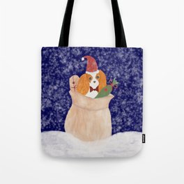 Snowy Santa Cavalier King Charles Spaniel bringing Christmas presents Tote Bag