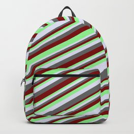 [ Thumbnail: Maroon, Green, Lavender, and Dim Gray Colored Lined Pattern Backpack ]