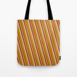 [ Thumbnail: Red, Tan, and Dark Goldenrod Colored Lined Pattern Tote Bag ]