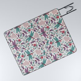 Bohemian Hearts & Dragonflies - Boho Style Dragonfly Floral Picnic Blanket