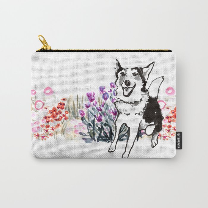 Husky Dog in the Flower Bed. Ink and Watercolor Carry-All Pouch