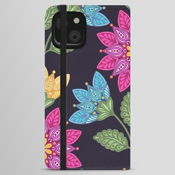 Floral Folk Art - pink blue yellow dark iPhone Wallet Case