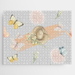 Hat and Butterflies Pattern on Pastel Silver Grey Jigsaw Puzzle