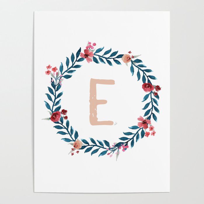Watercolor Monogram Wreath Letter E Poster
