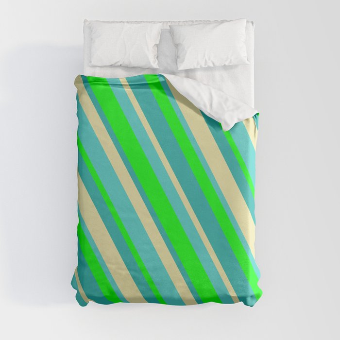 Lime, Light Sea Green, Pale Goldenrod & Turquoise Colored Stripes/Lines Pattern Duvet Cover