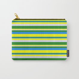 [ Thumbnail: Lavender, Forest Green, Blue & Yellow Colored Striped Pattern Carry-All Pouch ]