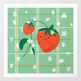 Baby Strawberry w/Mama, check background Art Print