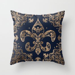 Luxury Fleur-de-lis Ornament - gold and dark blue Throw Pillow