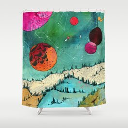 Sooner or Later Shower Curtain | Vibrant, Rocket, Moon, Aqua, Cheerful, Paper, Unique, Outerspace, Paperairplane, Finalfrontier 