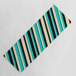 [ Thumbnail: Beige, Dark Turquoise & Black Colored Lines/Stripes Pattern Yoga Mat ]