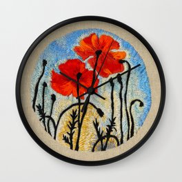 Embroidered Poppies Wall Clock | Yellow, Orange, Bluesky, Red, Field, Black, Embroidery, Flowers, Sewing, Thread 