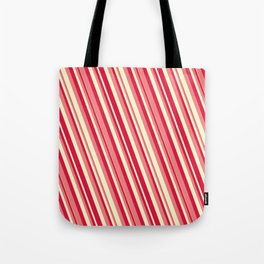 [ Thumbnail: Crimson, Light Coral & Light Yellow Colored Lines Pattern Tote Bag ]