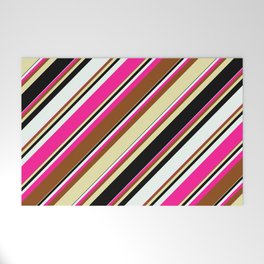 [ Thumbnail: Vibrant Brown, Pale Goldenrod, Black, Mint Cream & Deep Pink Colored Lined/Striped Pattern Welcome Mat ]