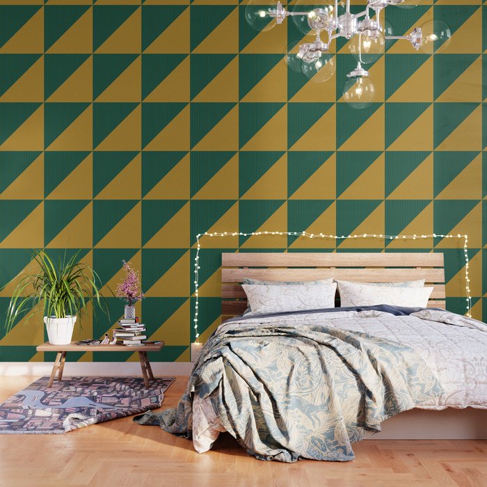 Elegant Pinstripes and Triangles Teal Green Yellow Gold Wallpaper