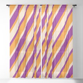 [ Thumbnail: Bisque, Purple, and Dark Orange Colored Lined/Striped Pattern Sheer Curtain ]