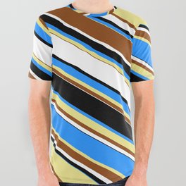 [ Thumbnail: Eyecatching Blue, Tan, Brown, White, and Black Colored Lined/Striped Pattern All Over Graphic Tee ]