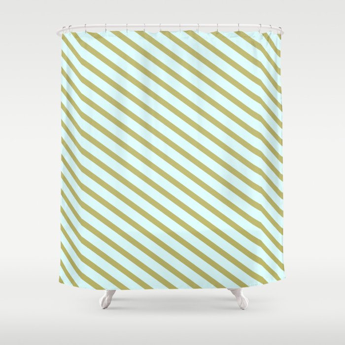 Dark Khaki & Light Cyan Colored Lines/Stripes Pattern Shower Curtain
