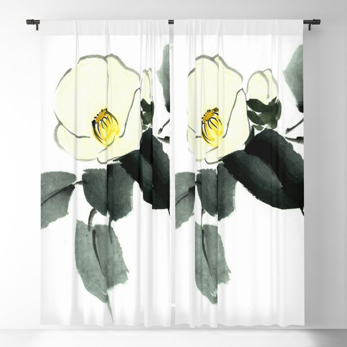 White camellia sumi ink and japanese watercolor painting Blackout Curtain