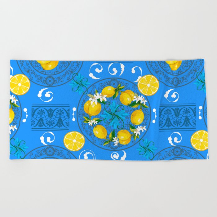 Lemon wreath,majolica Sicilian style art Beach Towel