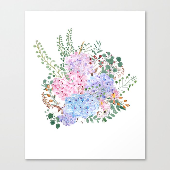pink blue purple hydrangea flowers watercolor arrangement  Canvas Print