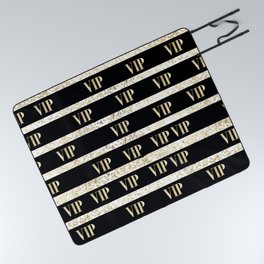 Elegant black gold VIP typography confetti stripes Picnic Blanket