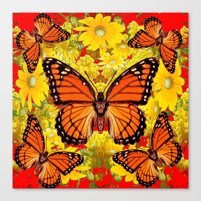 VICEROY BUTTERFLIES & YELLOW FLOWERS RED ART Canvas Print