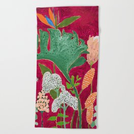 Fuchsia Pink Floral Jungle Painting Beach Towel